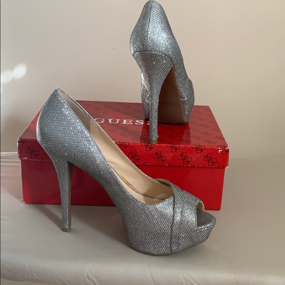 Guess silver peep toe platform shoes